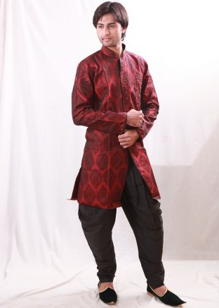 Maroon Woven Indo Western Sherwani Dhoti Pant Set