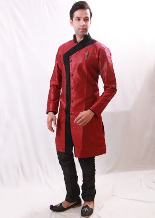 Red Woven Readymade Groom Sherwani Churidar Set