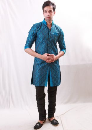 Blue Woven Brocade Front Slit Sherwani Churidar Set