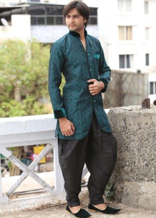 Green Brocade Woven Indo Western Sherwani Dhoti Pant Set