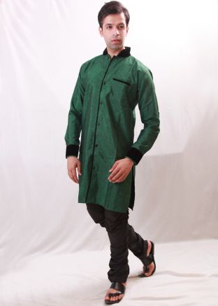 Green Readymade Indo Western Sherwani Churidar Set