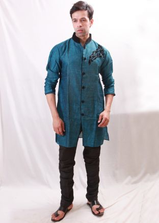 Blue Linen Readymade Sherwani With Churidar