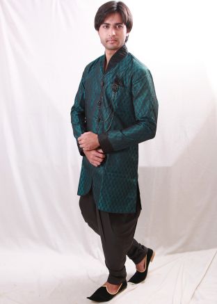 Green Woven Brocade Asymmetric Sherwani With Dhoti