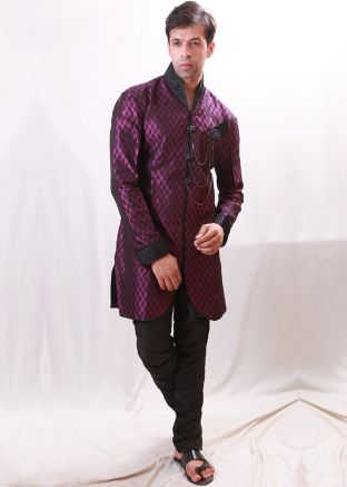 Purple Asymmetric Woven Brocade Sherwani Churidar Set