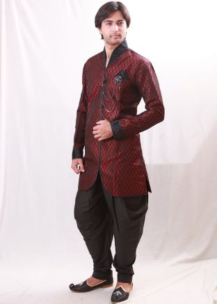 Maroon Woven Indo Western Sherwani With Dhoti Pant