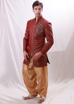 Maroon Brocade Woven Readymade Groom Sherwani With Dhoti