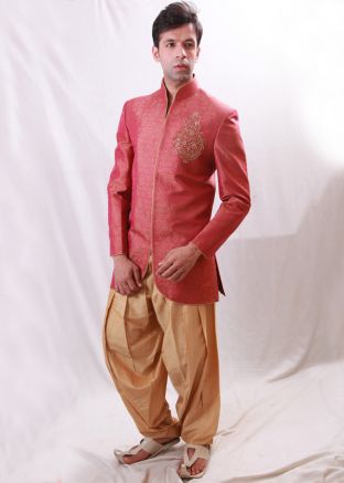 Orange Asymmetric Brocade Woven Groom Sherwani Dhoti Set