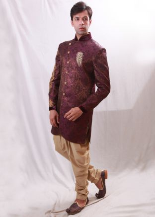 Magenta Woven Asymmetric Groom Sherwani Dhoti Pant Set