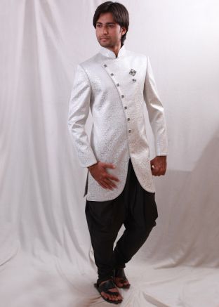 White Woven Readymade Asymmetric Sherwani Dhoti Set