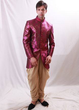 Pink Asymmetric Woven Groom Sherwani With Dhoti Pant