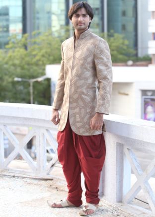 Beige Embroidered Indo Western Sherwani Dhoti Pant Set