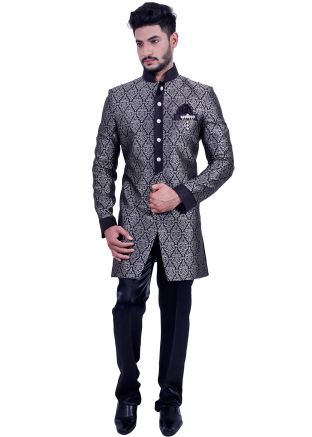 Black Woven Brocade Readymade Sherwani Churidar Set