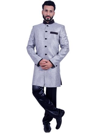 Readymade Grey Art Silk Sherwani Churidar Set