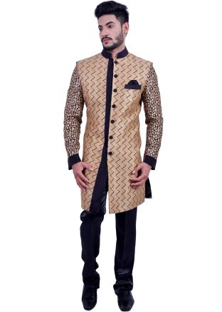 Golden Readymade Woven Sherwani With Churidar