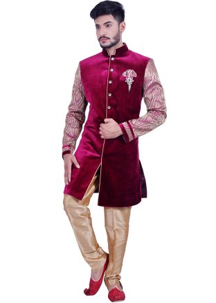 Maroon Velvet Readymade Groom Sherwani With Churidar