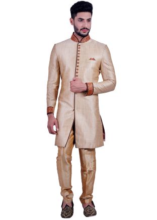 Golden Art Silk Readymade Sherwani Churidar Set