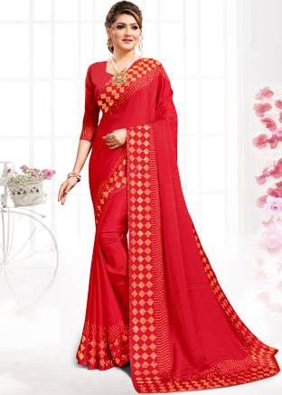 Red Embellished Border Saree In Satin