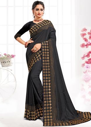 Black Satin Saree In Stone Work