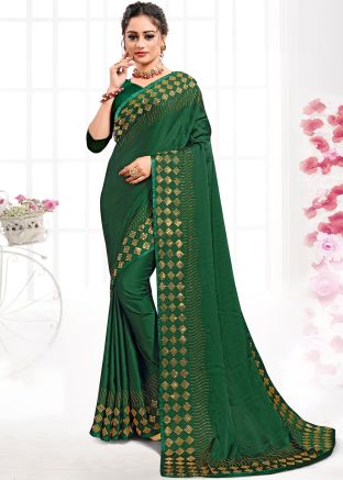 Green Heavy Border Saree In Satin