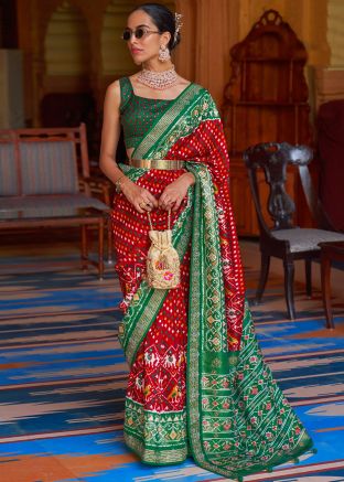 Red Festive Art Silk Saree With Patola Prints