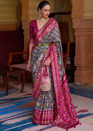 Grey Patola Printed Art Silk Saree With Blouse
