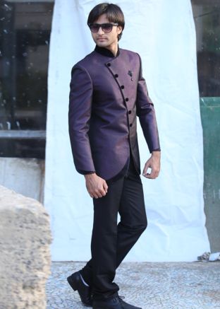 Purple Readymade Asymmetric Bandhgala Jodhpuri Suit