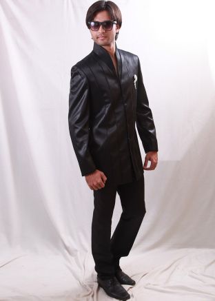 Black Art Silk Indo Western Sherwani With Pant