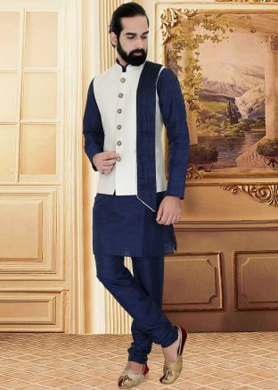 White and Navy Blue Asymmetric Layered Nehru Jacket