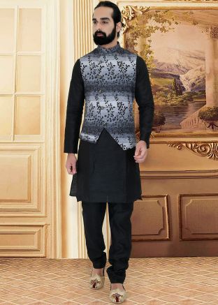Grey Shaded Printed Asymmetric Nehru Jacket