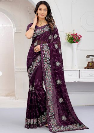 Purple Floral Embroidered Georgette Saree