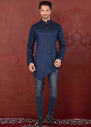 Navy Blue Readymade Asymmetric Short Kurta