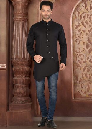 Black Asymmetric Readymade Cotton Short Kurta