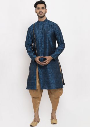 Blue Angrakha Slit Style Woven Kurta With Dhoti Pant