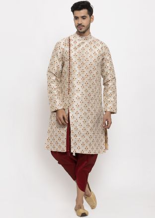 Cream Angrakha Slit Style Woven Kurta With Dhoti