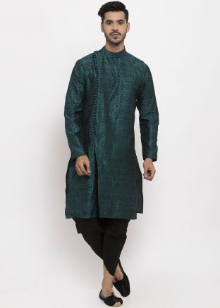 Green Woven Angrakha Style Slit Kurta Dhoti Pant Set