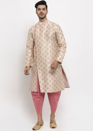 Cream Woven Side Slit Angrakha Style Kurta Dhoti Set