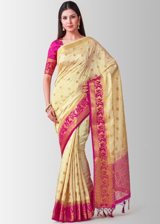 Cream Woven Jacquard Saree With Blouse