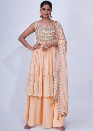 Peach Readymade Palazzo Suit Set In Chiffon