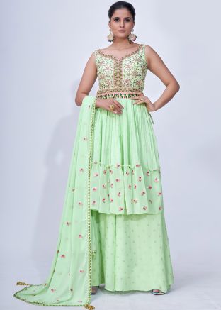 Green Readymade Embroidered Palazzo Suit Set