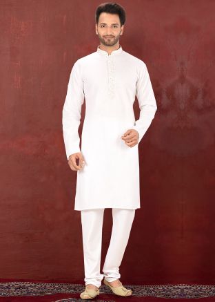 White Straight Cut Readymade Kurta With Churidar