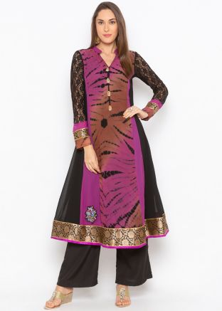 Readymade Black and Purple Printed Long Kurta