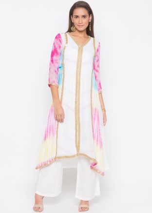 Readymade White Asymmetric Printed Long Kurta