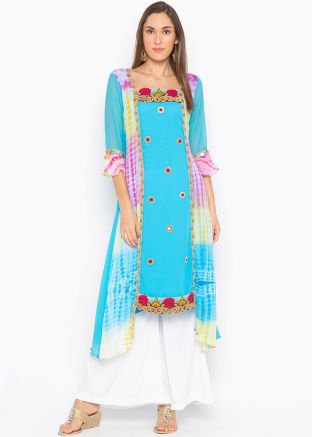 Readymade Light Blue Asymmetric Printed Long Kurta