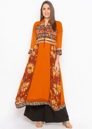 Readymade Orange Asymmetric Printed Long Kurta