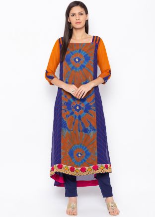 Readymade Orange and Blue Printed Long Kurta