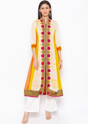 Readymade White and Yellow Printed Long Kurta