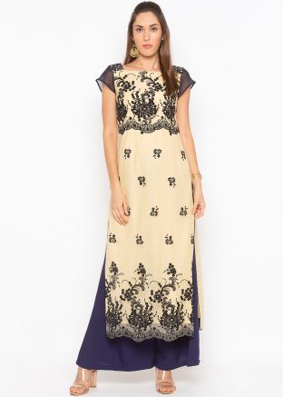 Readymade Cream Net Embroidered Long Kurta
