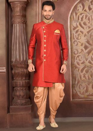 Red Asymmetric Indo Western Sherwani Dhoti Set