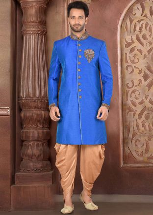 Blue Readymade Embroidered Sherwani With Dhoti