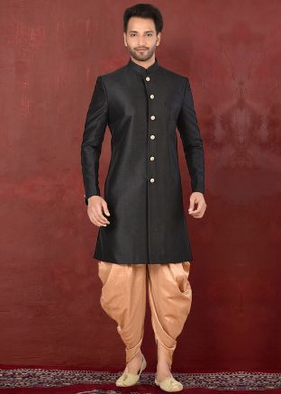Black Silk Readymade Sherwani Dhoti Pant Set